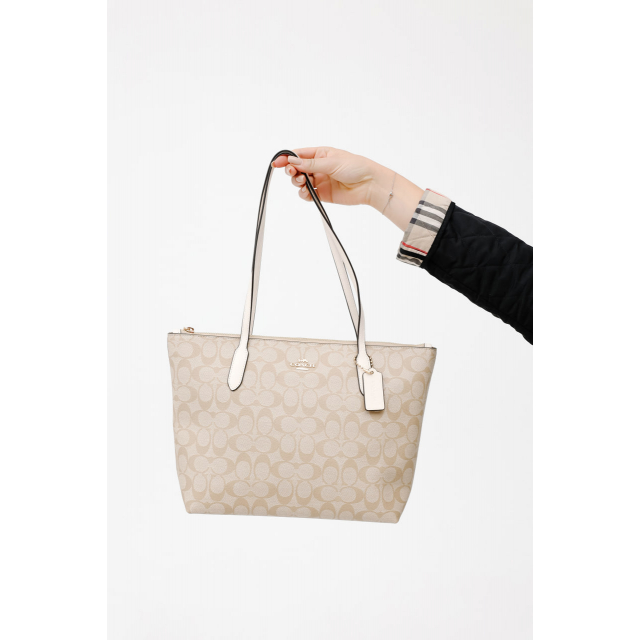 Сумка Coach Zip Top Tote Bag Beige White